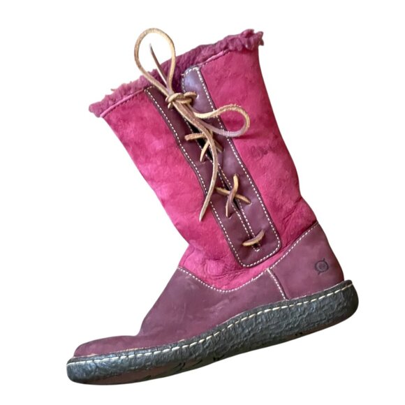 Born Burgundy Suede Leather Faux Sherpa Boots - 7 - Picture 2 of 11